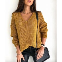 Дамски плетен пуловер горчица